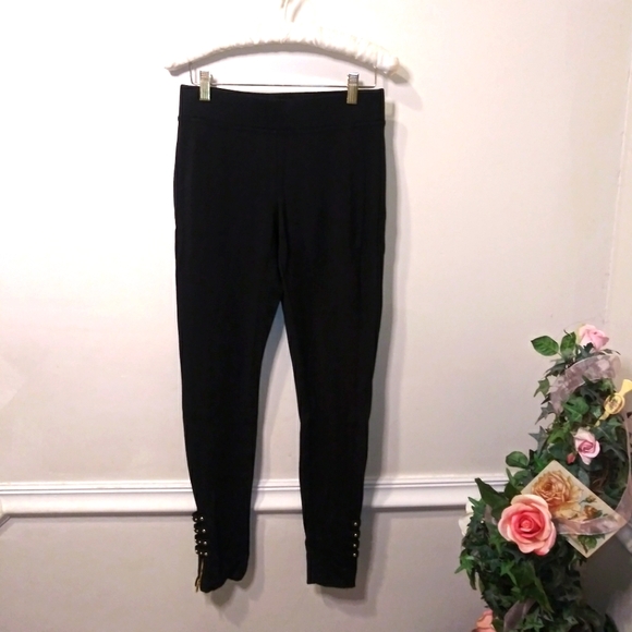 Vintage Cache Gold Studded Ankle, Rocker Chic Style Black Knit Leggings - Picture 7 of 7